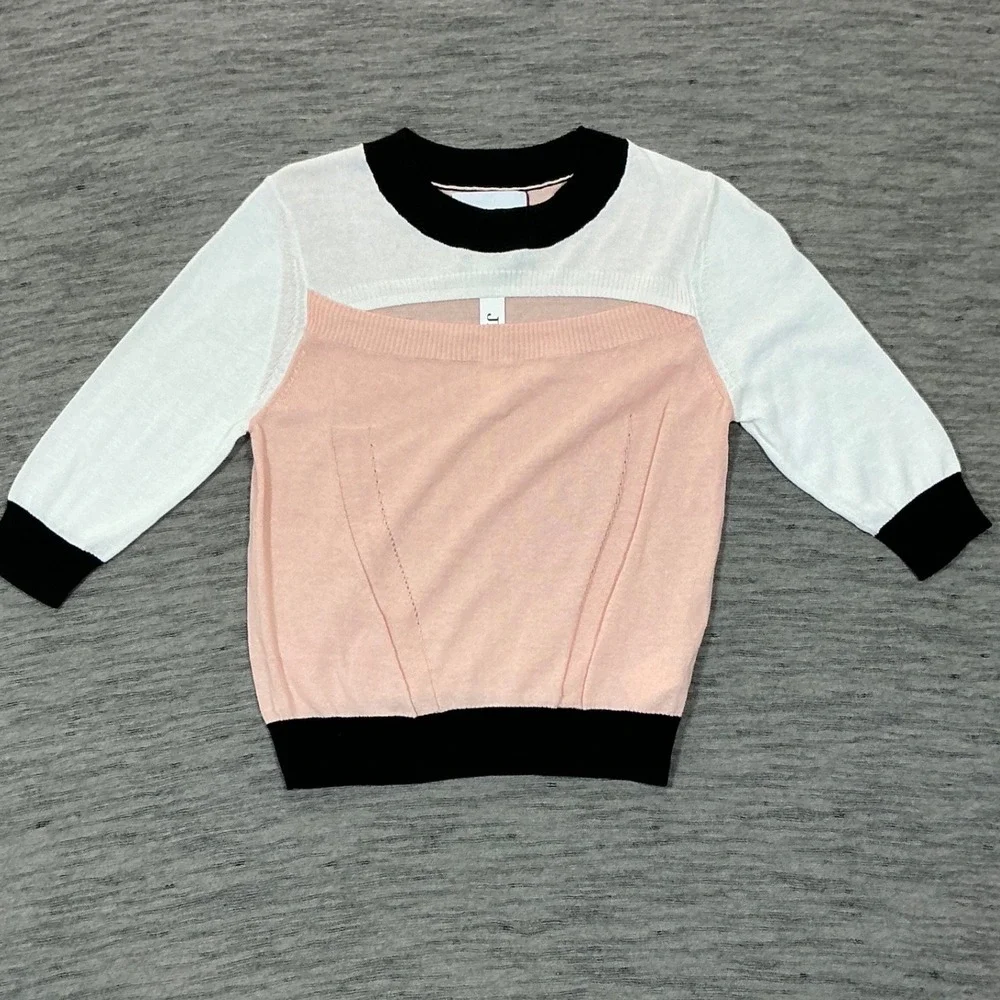Jendes Colorblock Knit Sweater Peach Pink White Black Cutout Detail Size M